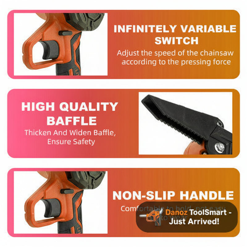 Chainsaw features with text labels on a white background