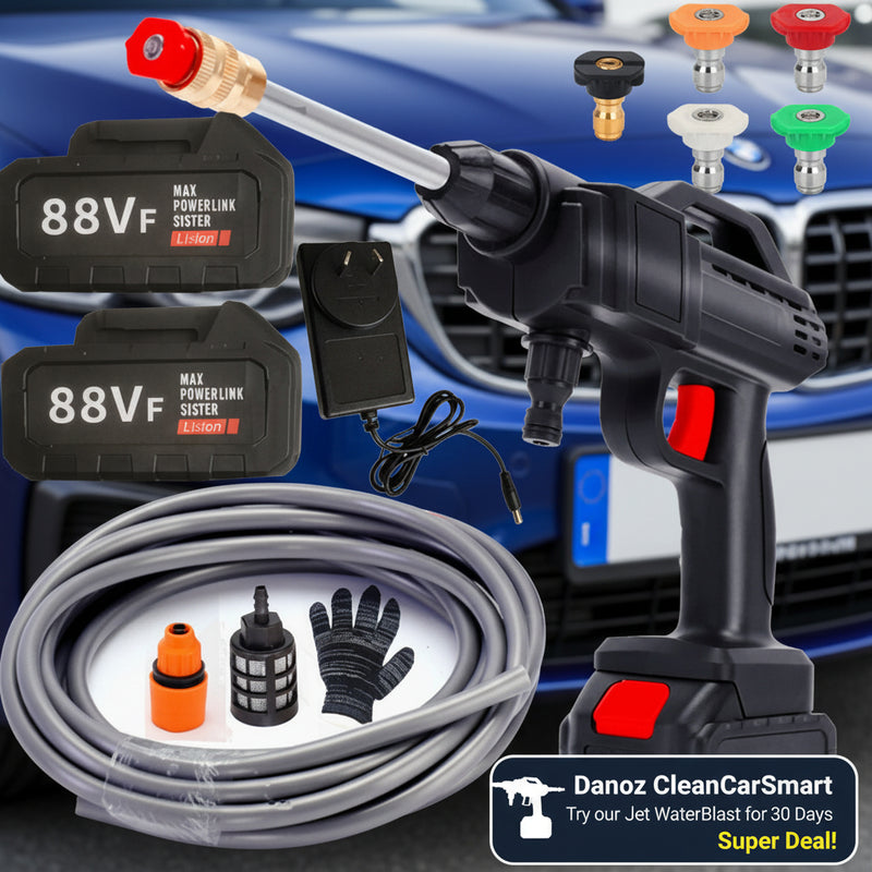 Power washer with attachments and cables on a white background