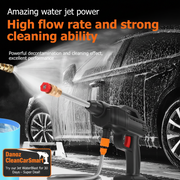 High-pressure washer cleaning a car with text highlighting its features.