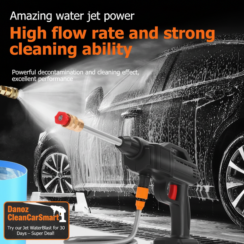 High-pressure washer cleaning a car with text highlighting its features.