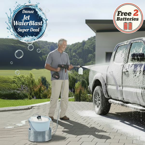 Man washing a truck with a pressure washer in a driveway, with promotional text about batteries .