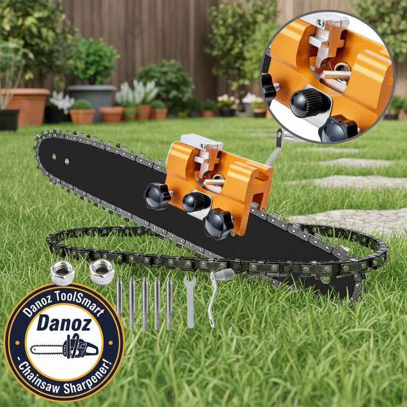 Chainsaw sharpener with additional components on a white background