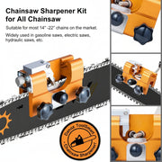 Chainsaw sharpener kit for chainsaws with close-up details on a white background.
