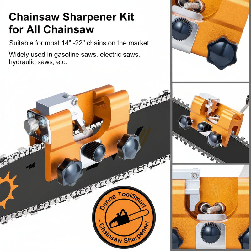 Chainsaw sharpener kit for chainsaws with close-up details on a white background.