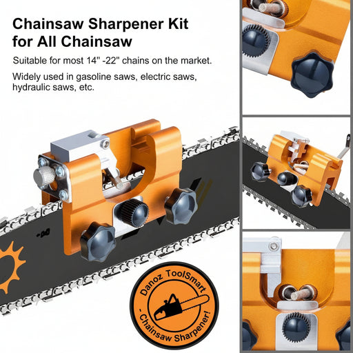 Chainsaw sharpener kit for chainsaws with close-up details on a white background.