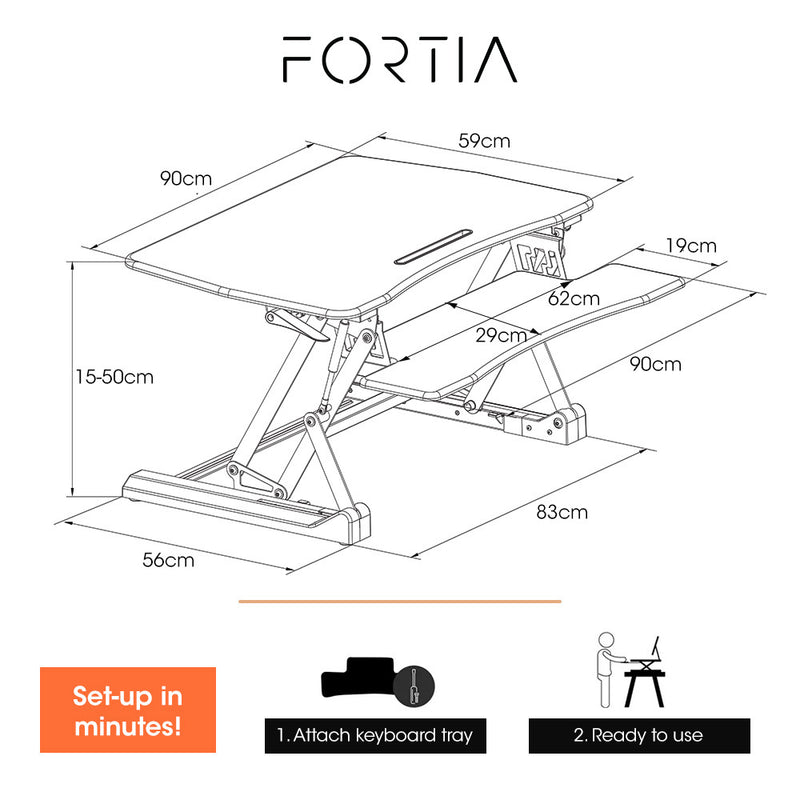 Danoz Direct - Fortia Desk Riser 90cm Wide Adjustable Sit to Stand for Dual Monitor, Keyboard, Laptop, Black