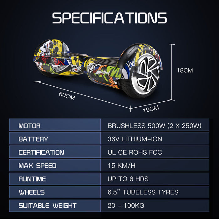 Danoz Sports - BULLET Electric Hoverboard Scooter 6.5 Inch Wheels, Colour LED Lighting, Carry Bag, Gen III Hiphop design - Incl. Delivery