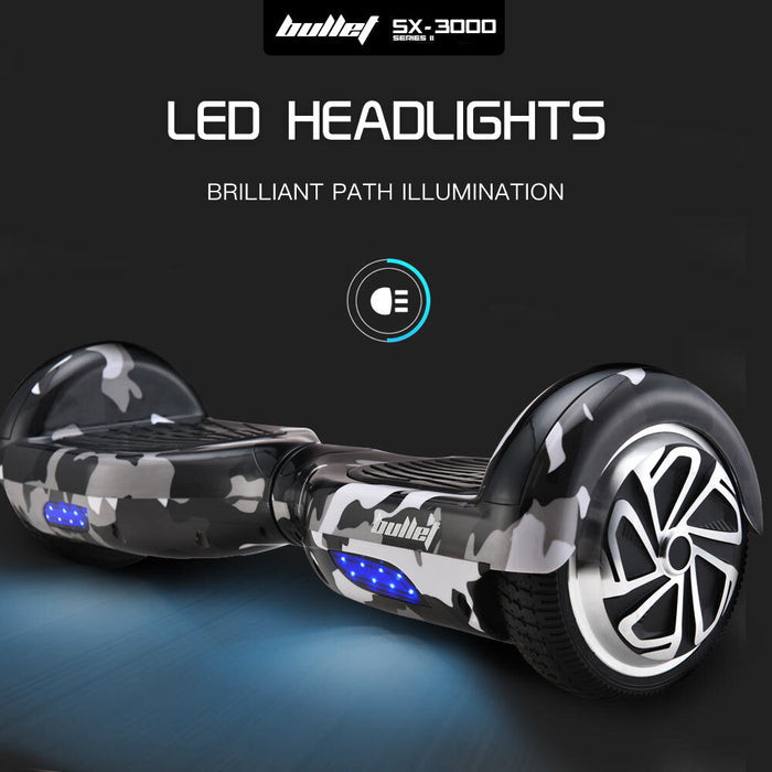 Danoz Sports - BULLET Electric Hoverboard Scooter 6.5 Inch Wheels, Colour LED Lighting, Carry Bag, Gen III Camo Grey - Incl. Delivery