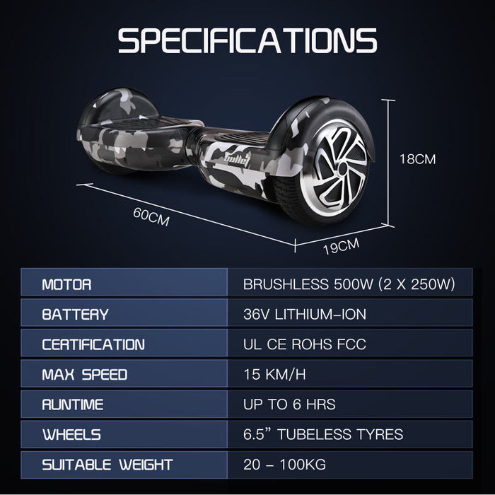 Danoz Sports - BULLET Electric Hoverboard Scooter 6.5 Inch Wheels, Colour LED Lighting, Carry Bag, Gen III Camo Grey - Incl. Delivery