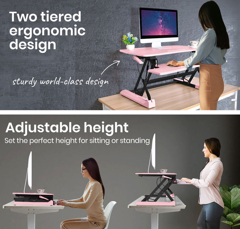 Danoz Direct - Fortia Desk Riser 90cm Wide Adjustable Sit to Stand for Dual Monitor, Keyboard, Laptop, Pink