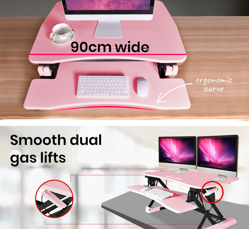 Danoz Direct - Fortia Desk Riser 90cm Wide Adjustable Sit to Stand for Dual Monitor, Keyboard, Laptop, Pink