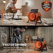 Portable heater being used in a room with text highlighting its efficiency and speed.