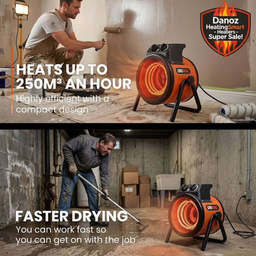 Portable heater being used in a room with text highlighting its efficiency and speed.