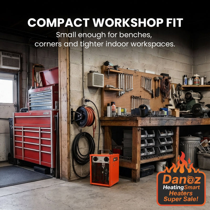 Compact workshop with tools and equipment on a wall-mounted pegboard and shelves.