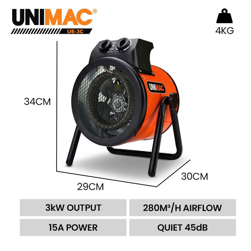 Danoz HeatingSmart 🔥 | UNIMAC 3kW Industrial Fan Heater | 15A Plug | 280m³/h Airflow | 3 Heat Modes | Workshop & Garage | Free Postage!