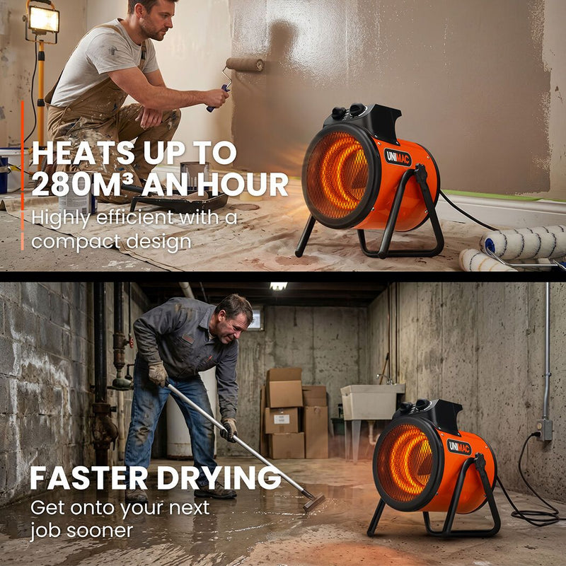 Danoz HeatingSmart 🔥 | UNIMAC 3kW Industrial Fan Heater | 15A Plug | 280m³/h Airflow | 3 Heat Modes | Workshop & Garage | Free Postage!