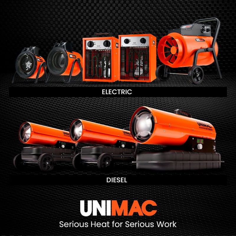 Danoz HeatingSmart 🔥 | UNIMAC 3kW Industrial Fan Heater | 15A Plug | 280m³/h Airflow | 3 Heat Modes | Workshop & Garage | Free Postage!