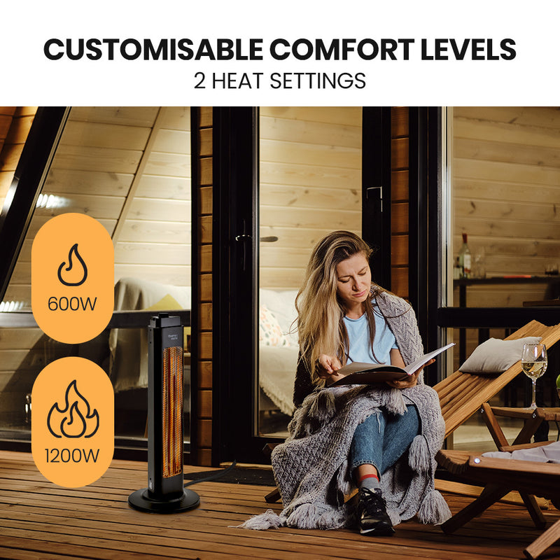 Danoz Direct - THERMOMATE Electric Heater Indoor or Outdoor, 1200W, 2 Radiant Heat Settings, Oscillating, Safety Tipping Shut Off