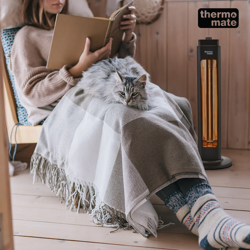 Danoz Direct - THERMOMATE Electric Heater Indoor or Outdoor, 1200W, 2 Radiant Heat Settings, Oscillating, Safety Tipping Shut Off