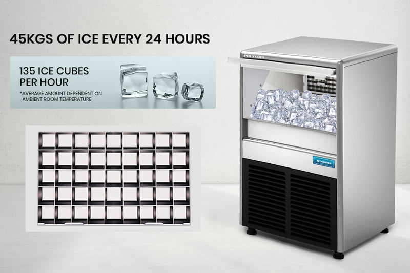 Danoz Appliances - POLYCOOL Commercial Automatic Ice Cube Maker, Free Standing Stainless Steel Ice Machine, 410 Grade