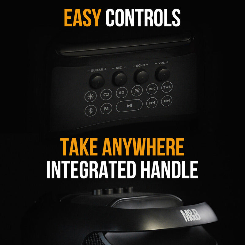 Danoz Direct - M&B Portable Splash Proof 80W Bluetooth Party Speaker, IPX4, TWS Pairing, Multi-Input, Lithium Battery, RGB, USB Charging