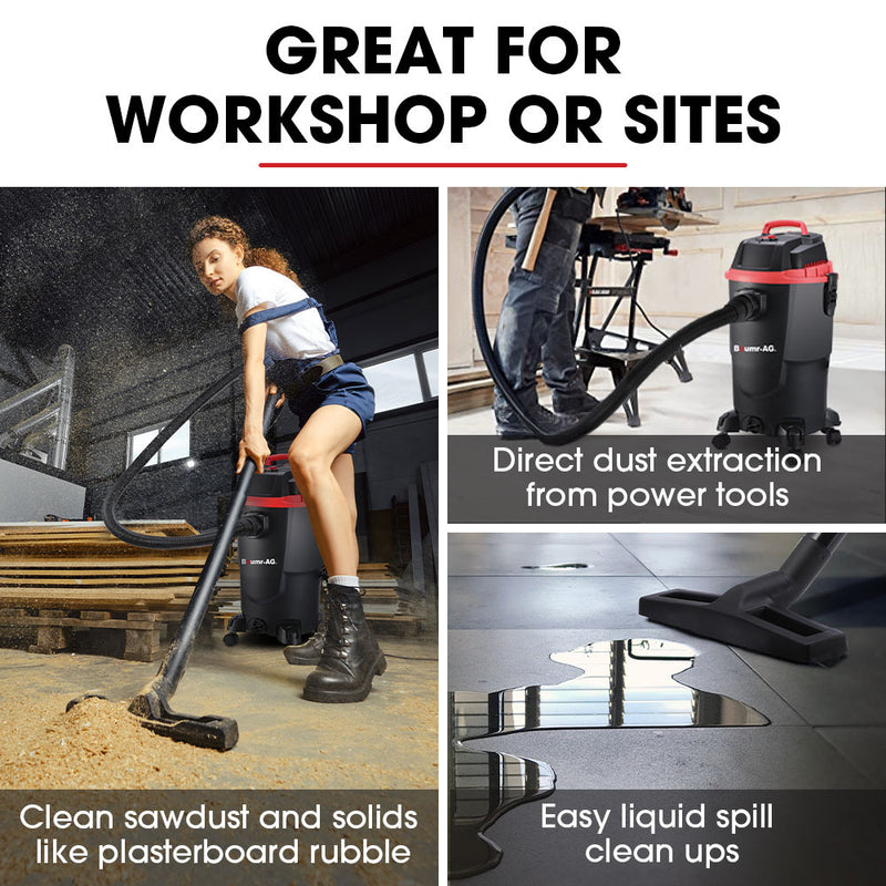 Clean your car, workshop, and carpets with Danoz Direct - Baumr-AG 30L 1200W Wet and Dry Vacuum Cleaner. With a built-in blower