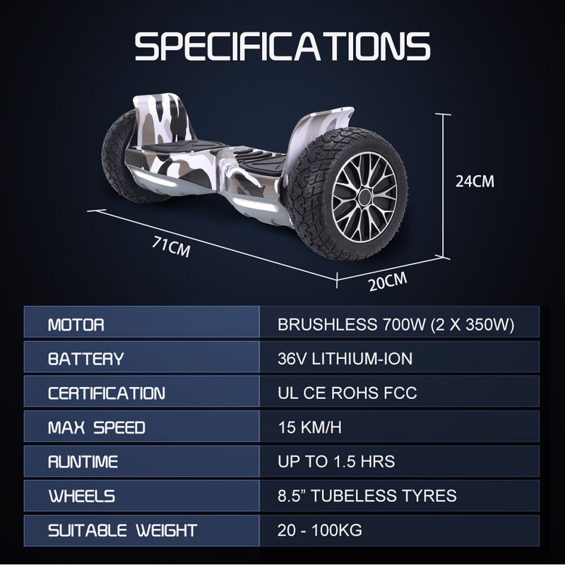 Danoz Direct - BULLET SX-4000 Hoverboard Scooter, 8.5" Wheels, 700W Brushless, Superior Self Balancing System, UL Certified, LED Lights, Carry Bag, Camo