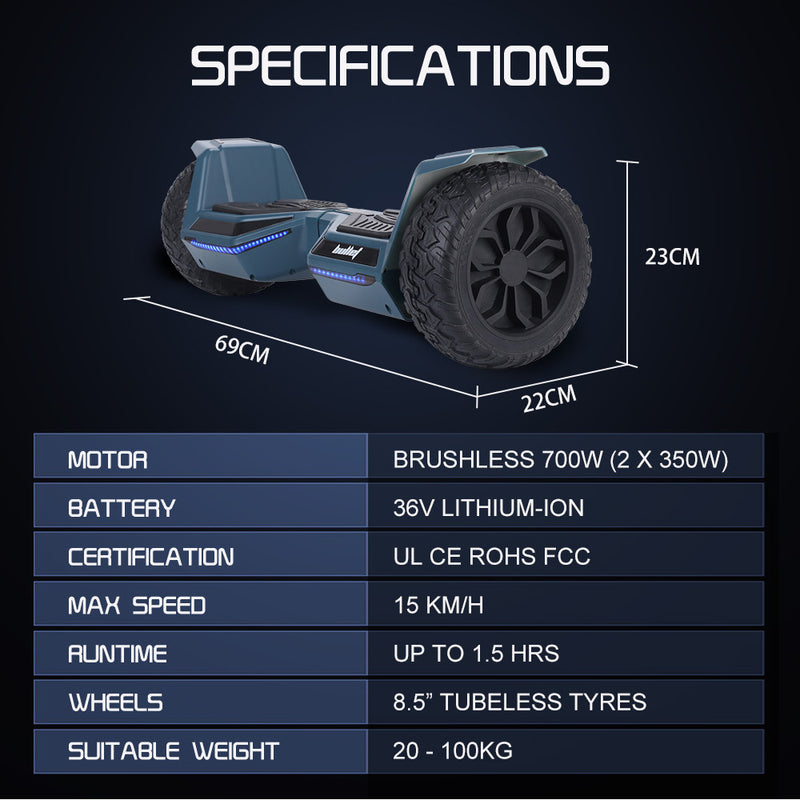 Danoz Direct - Bullet SX-4500 Hoverboard Scooter, 8.5" Wheels, 700W Brushless, Superior Self Balancing System, UL Certified, LED Lights, Carry Bag, Navy Blue