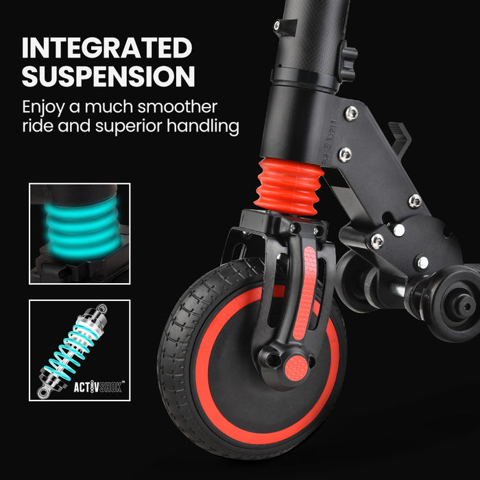 Danoz Scooters - ALPHA Carbon Gen III 250W 10Ah Electric Scooter Suspension, for Adults or Teens, Black/Red