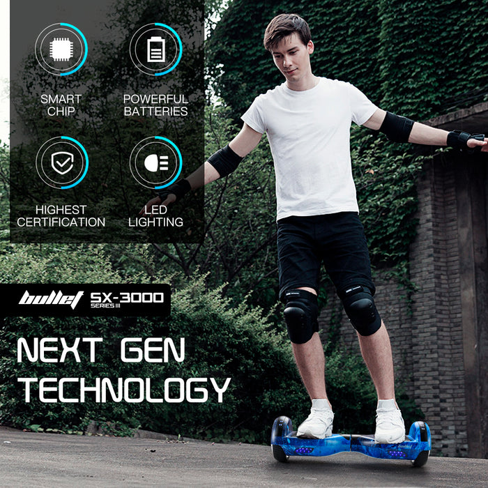 Danoz Sports - BULLET Electric Hoverboard Scooter 6.5 Inch Wheels, Color LED Lighting, Carry Bag, Gen III Blue Galaxy - Incl. Delivery