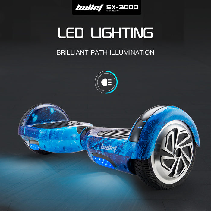 Danoz Sports - BULLET Electric Hoverboard Scooter 6.5 Inch Wheels, Color LED Lighting, Carry Bag, Gen III Blue Galaxy - Incl. Delivery