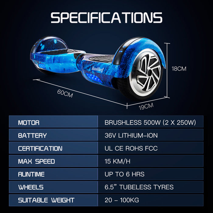 Danoz Sports - BULLET Electric Hoverboard Scooter 6.5 Inch Wheels, Color LED Lighting, Carry Bag, Gen III Blue Galaxy - Incl. Delivery