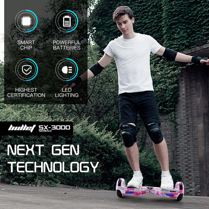 Danoz Sports - BULLET Electric Hoverboard Scooter 6.5 Inch Wheels, Colour LED Lighting, Carry Bag, Gen III Pink Camo - Incl. Delivery