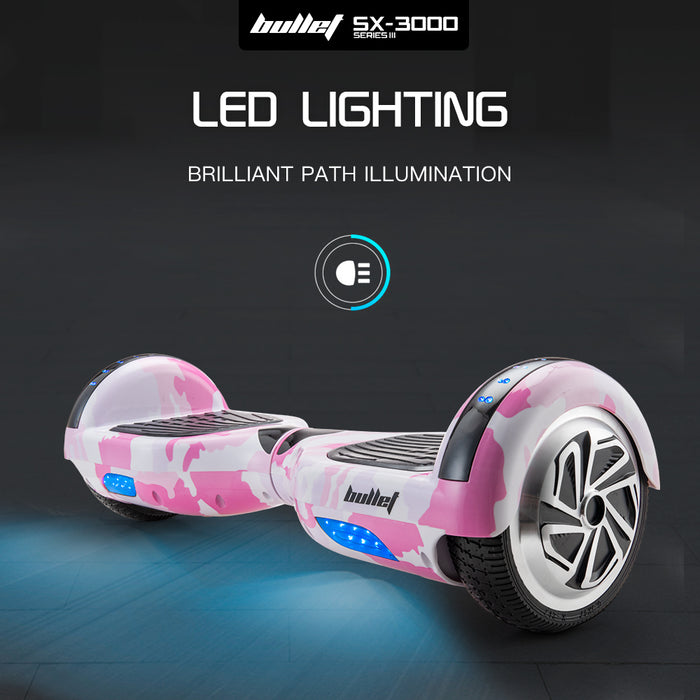 Danoz Sports - BULLET Electric Hoverboard Scooter 6.5 Inch Wheels, Colour LED Lighting, Carry Bag, Gen III Pink Camo - Incl. Delivery