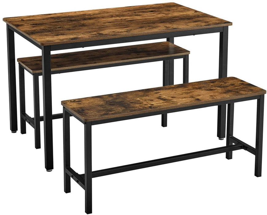 VASAGLE Dining Table Set with 2 Benches Rustic Brown and Black KDT070B01