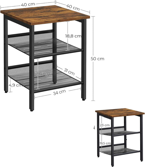 VASAGLE Side Table Set Nightstand Industrial Set of 2 Bedside Tables with Adjustable Mesh Shelves Rustic Brown and Black LET24XV1
