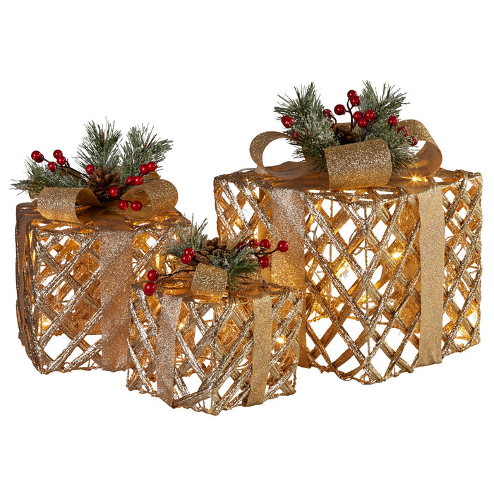 Danoz Xmas🎅 Swishmas Set of 3 Christmas Gift Boxes Display With Lights in Champagne and Gold