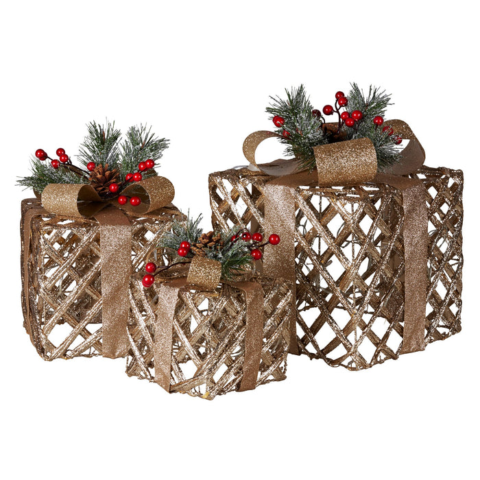 Danoz Xmas🎅 Swishmas Set of 3 Christmas Gift Boxes Display With Lights in Champagne and Gold