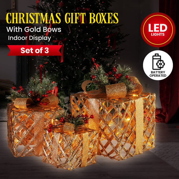 Danoz Xmas🎅 Swishmas Set of 3 Christmas Gift Boxes Display With Lights in Champagne and Gold