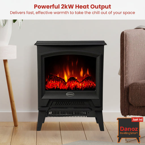 Electric stove with glowing flames in a room setting, featuring a brand logo.