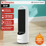 Dimplex DC Ceramic Heater with features listed on a light wooden floor.