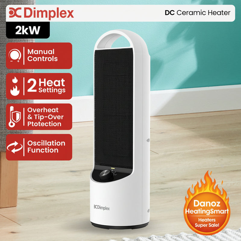 Dimplex DC Ceramic Heater with features listed on a light wooden floor.