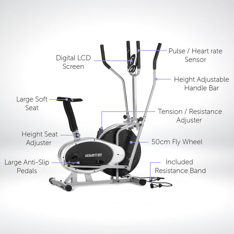 Danoz Fitness - Powertrain 3-in-1 Elliptical Cross Trainer Exercise Bike with Resistance Bands