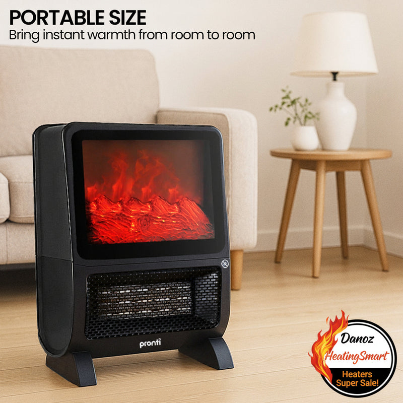 Portable electric heater in a living room setting with text highlighting its size and warmth.