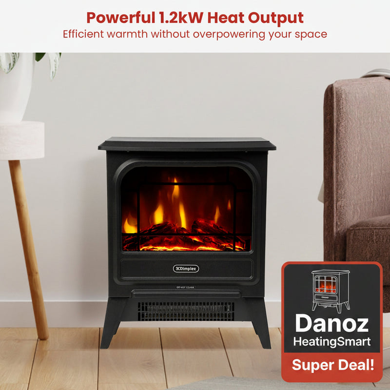 Black electric stove with flames inside, placed in a room with a lamp and chair.