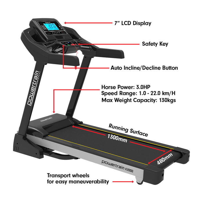 Danoz Fitness - Professional Powertrain K2000 Treadmill w/ Fan & Auto Incline Speed 22km/h - Incl. Delivery