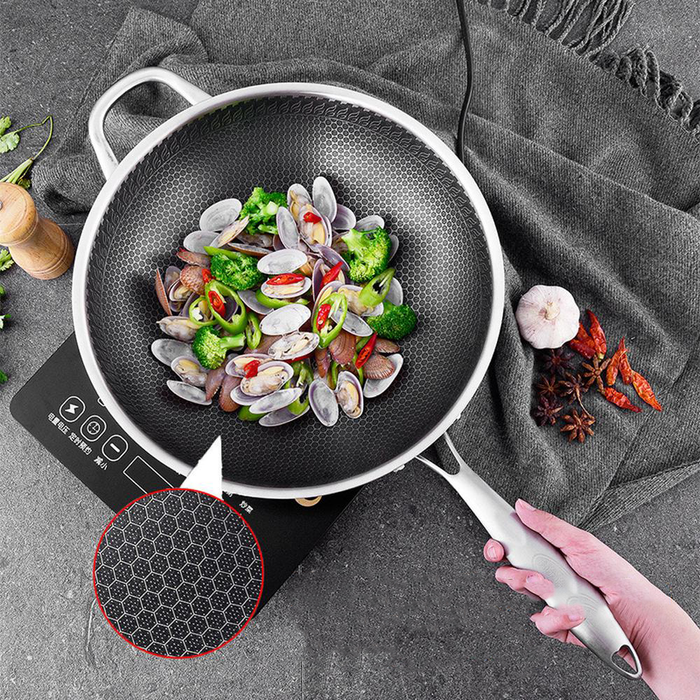 Danoz Kitchen 🧑‍🍳🥘 32cm 304 Stainless Steel Non-Stick Stir Fry Cooking Kitchen Honeycomb Wok Pan with Lid