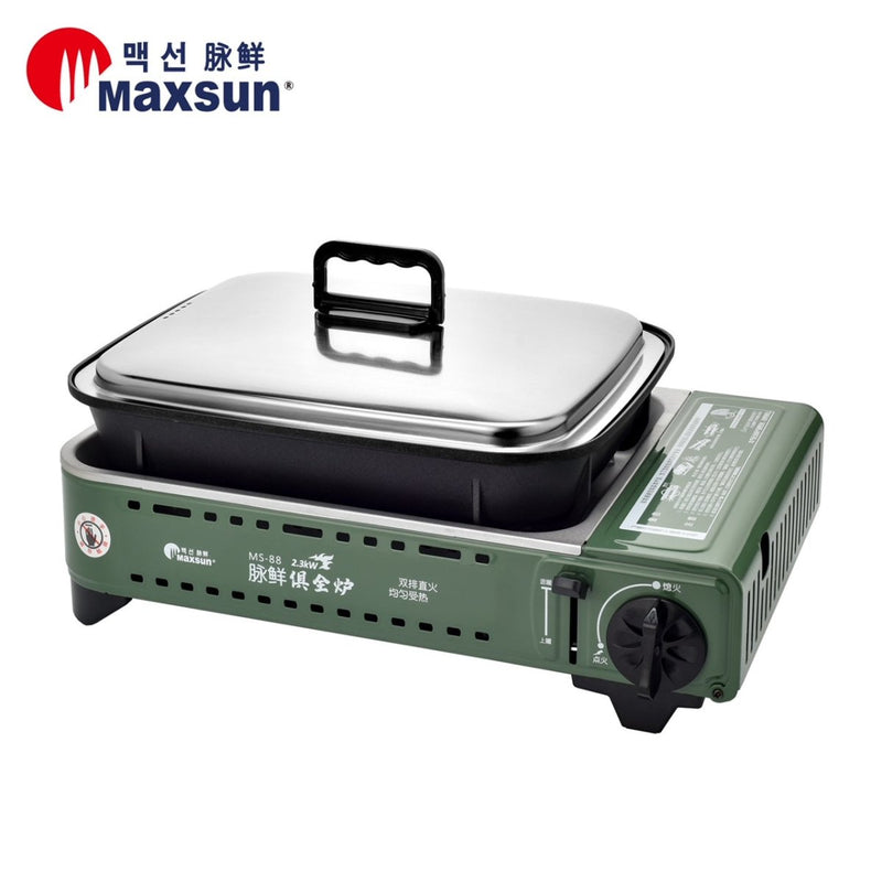 Danoz Camping - Portable Gas BBQ Stove PRO Grill Plate Burner Butane Camping Gas Cooker With Non Stick Pan and Lid
