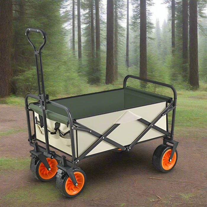 8 Inch Wheel Beige Folding Beach Wagon Cart Trolley Garden Outdoor Picnic Camping Sports Market Collapsible Shop