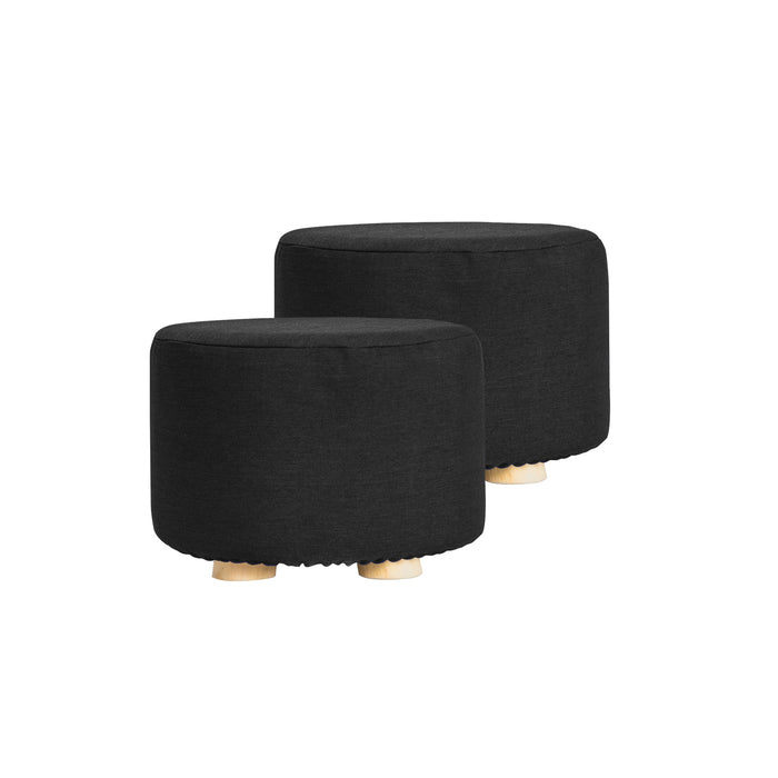 Danoz Direct 2X Fabric Ottoman Round Wooden Leg Foot Stool in elegant black! Versatile and stylish, adds a touch of sophistication to any room